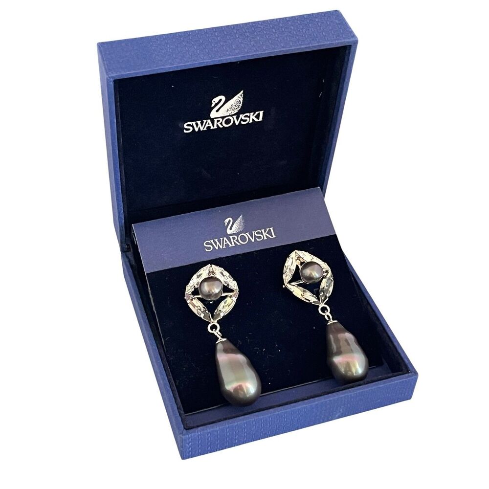 New Swarovski Swan Signed Crystal Faux Pearl Clip Earrings - 10K